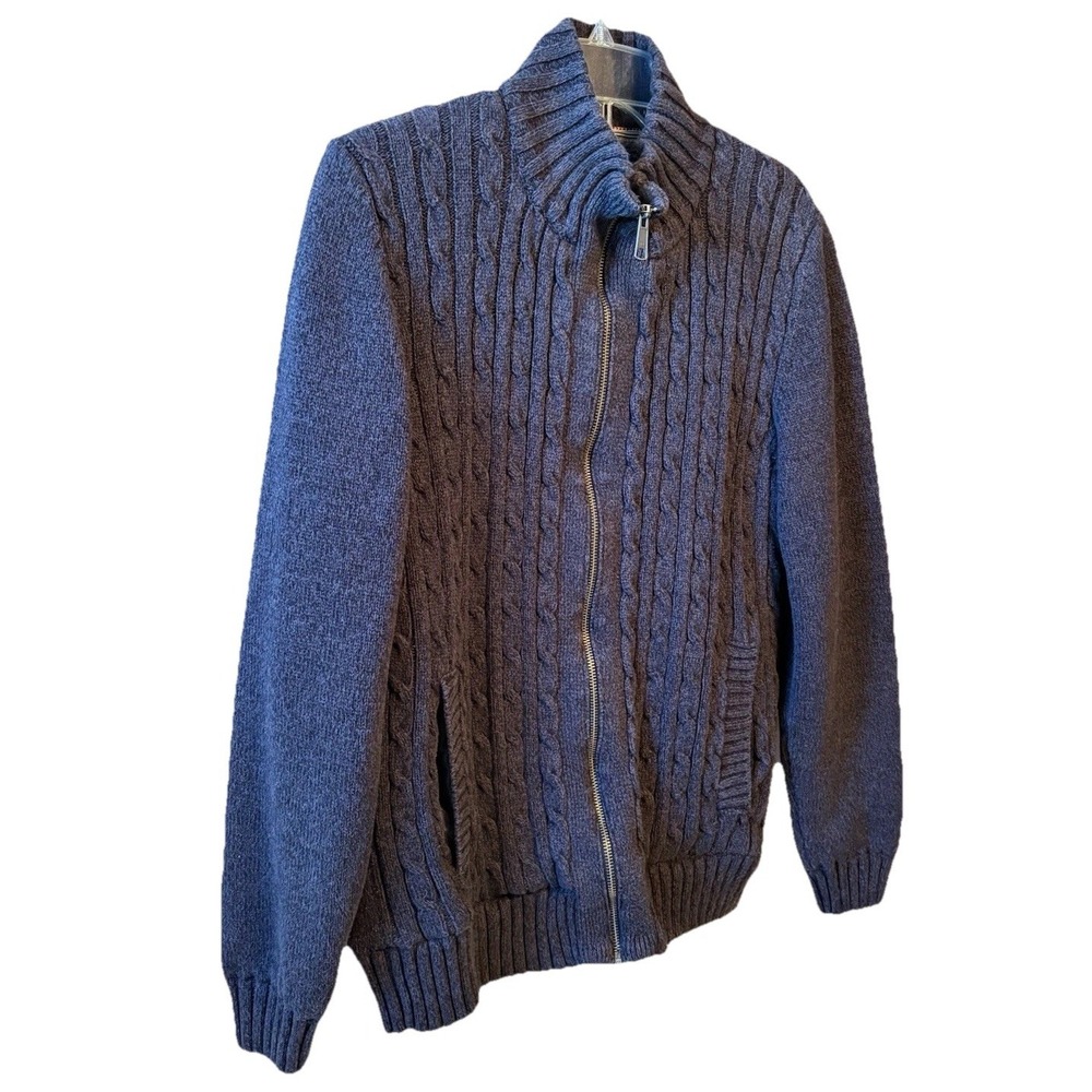 Boston Traders Gray Cable Knit Cotton Sherpa Lined Zip Sweater Mens M Classic